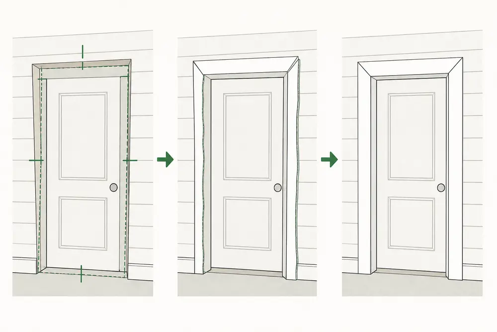 Three stages show an out-of-square doorway, casing fitted to it, and the resolved joints.