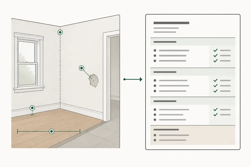On the left, a room with a window, a floor transition and a patch of wall damage, each marked during a visit. On the right, those observations organized into an itemized estimate with a separate section for what is excluded.