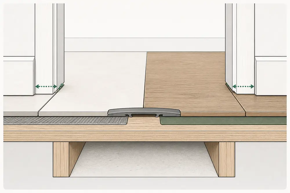 A doorway cutaway reveals two finish materials, underlayment, subfloor, perimeter gaps and a flush transition.