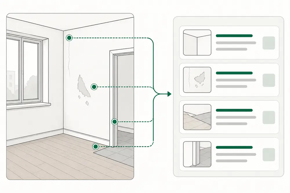 A room corner with marked conditions connected to structured report rows and photo placeholders.