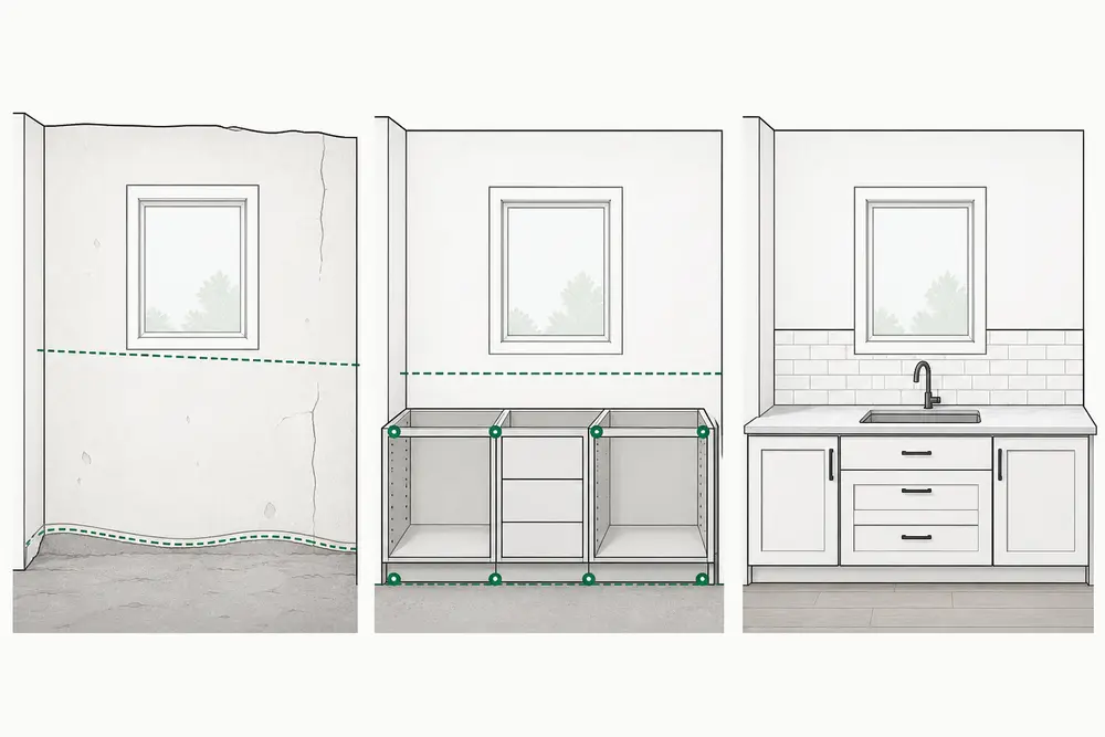 Three stages show an uneven kitchen wall, leveled base cabinets, then coordinated countertop and finishes.