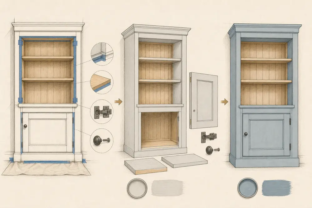 Three illustrated built-in stages separate protected interiors, removable parts, fixed frames, primer and the finished assembly.