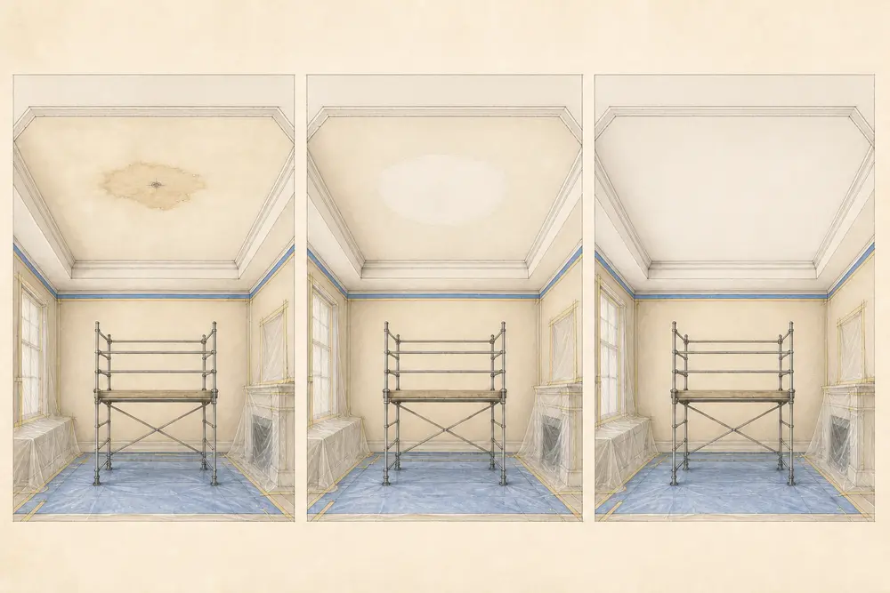 Three illustrated ceiling stages show a resolved stain, an isolated prepared zone and a uniform finish above a protected room.