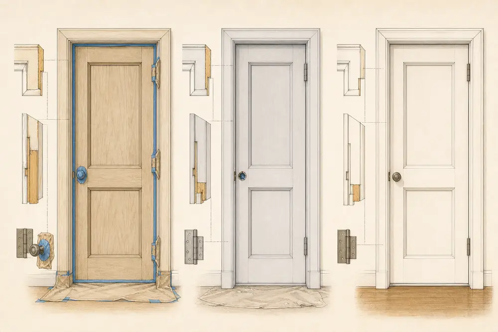 Three illustrated door stages distinguish the leaf, jamb, stop, casing, edges and protected hardware before a uniform finish.