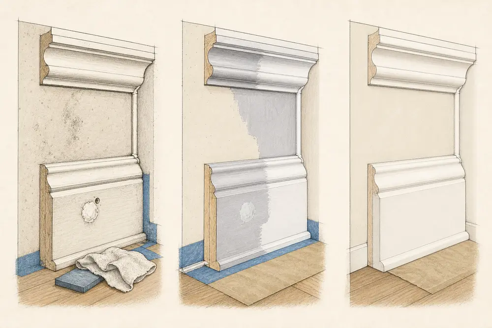 Three illustrated profile stages show protected junctions, filled and primed trim, then a clean finished molding surface.