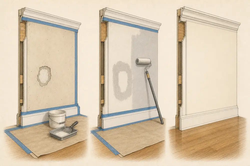Three illustrated stages show a protected floor and trim, a localized wall repair and primer, then a finished wall junction.