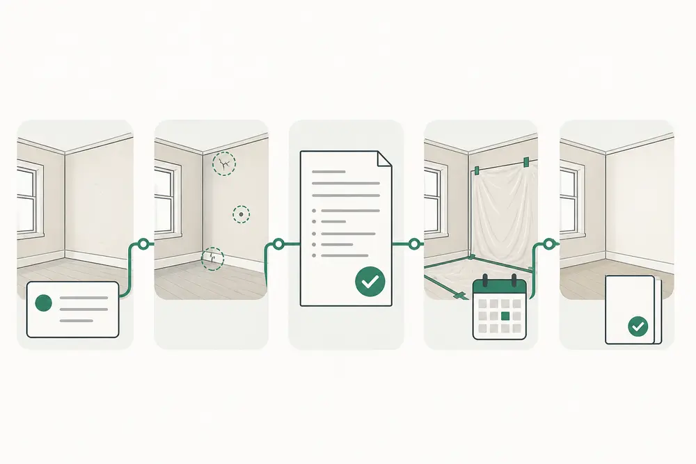 Five stages connected in sequence: an incoming request, a room being assessed with its conditions marked, an agreed written scope, the room under protection with work scheduled, and the finished room handed back with the paperwork closed.