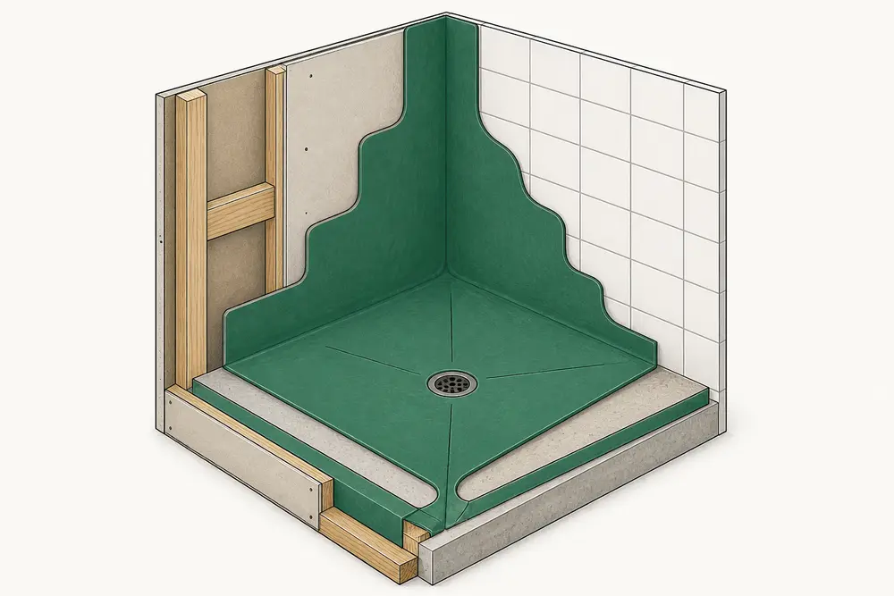 A shower cutaway revealing framing, substrate, continuous waterproofing, sloped base, tile and drain.