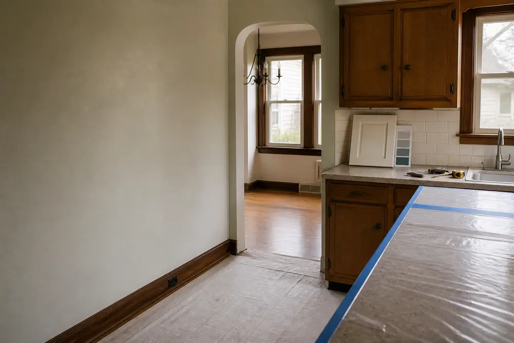 An older-home kitchen and adjoining room prepared with protected surfaces, samples and a few hand tools.