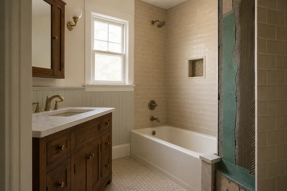 A compact older-home bathroom with a tiled tub enclosure, wood vanity and one visible waterproofing edge.