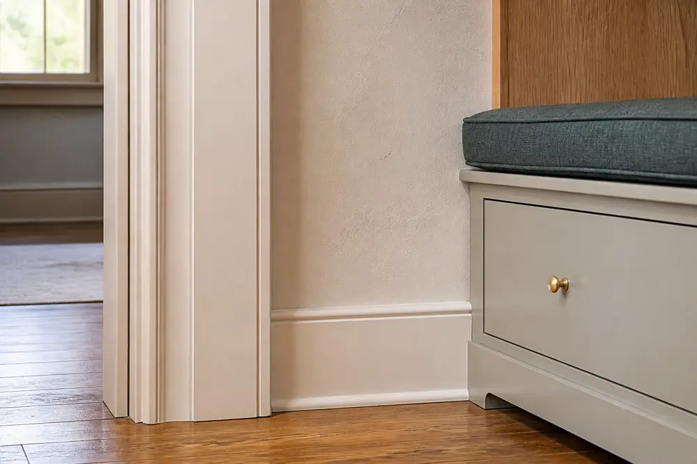 Close view of fitted door casing, baseboard and a simple painted built-in bench.