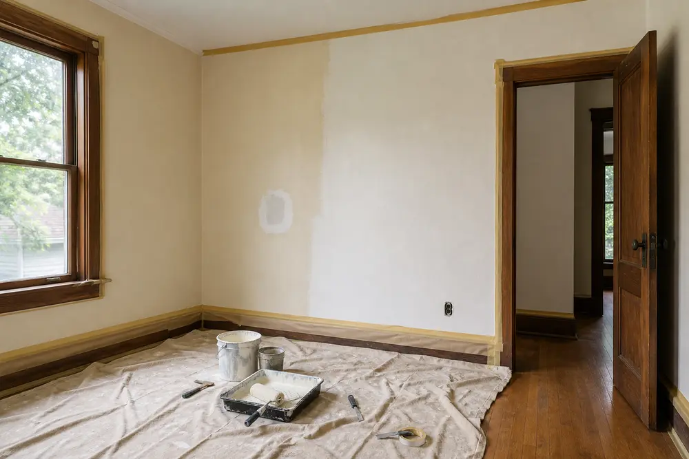 An older-home room prepared for painting with a protected wood floor, masked trim, a localized wall patch and one wall receiving an off-white finish.