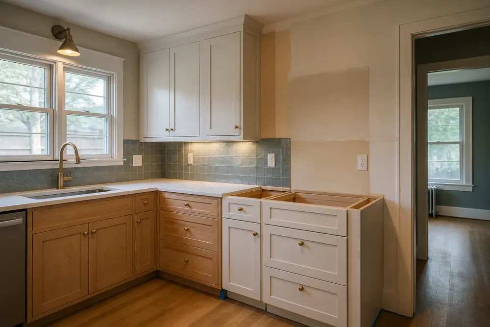 A modest older-home kitchen with aligned cabinet boxes, a simple tile backsplash and unfinished counter work.
