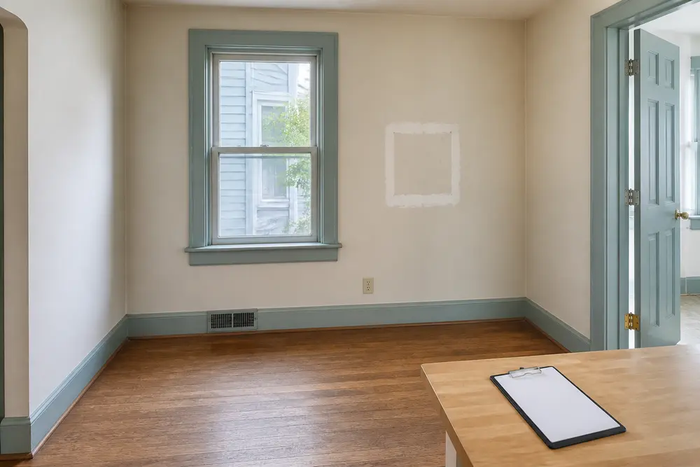 An empty older-home room with durable flooring, a localized wall repair and a blank inspection clipboard.