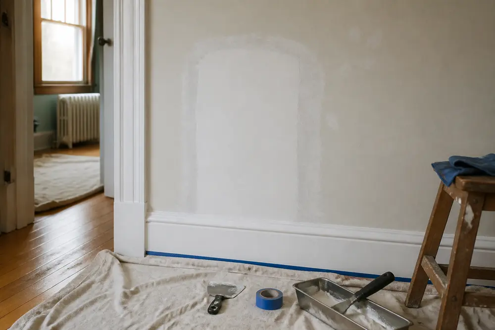 A localized plaster wall repair beside protected flooring, prepared casing and unbranded hand tools.