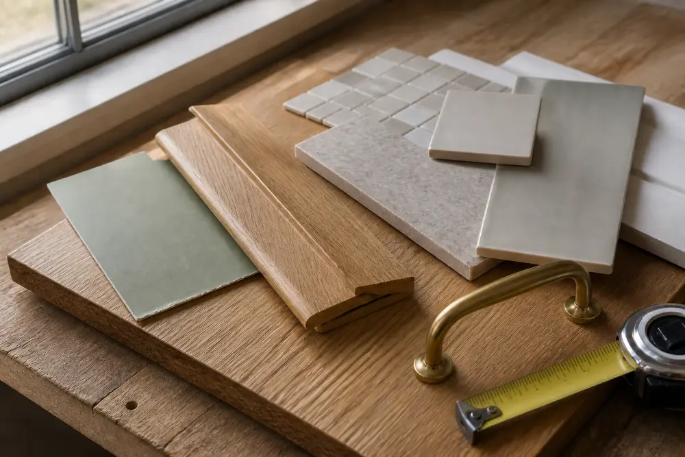 Oak, tile, stone, paint and hardware arranged with a measuring tool in natural window light.