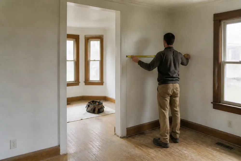 A wall being measured during a room assessment.