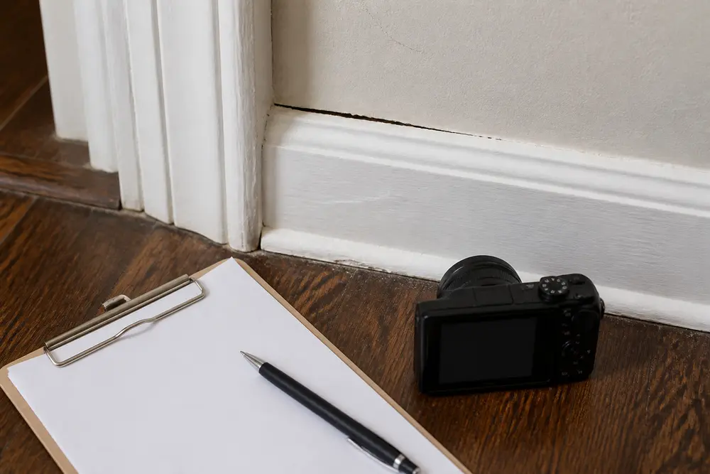 A compact camera and blank inspection record sit beside a minor visible baseboard condition.