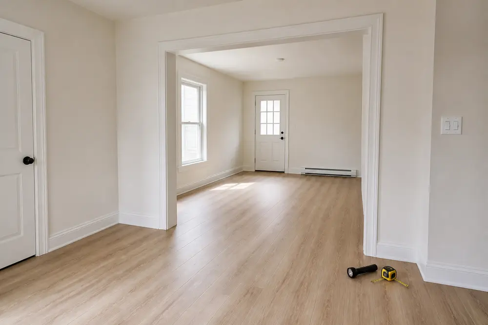 A bright, durable apartment interior is prepared for a final readiness inspection.