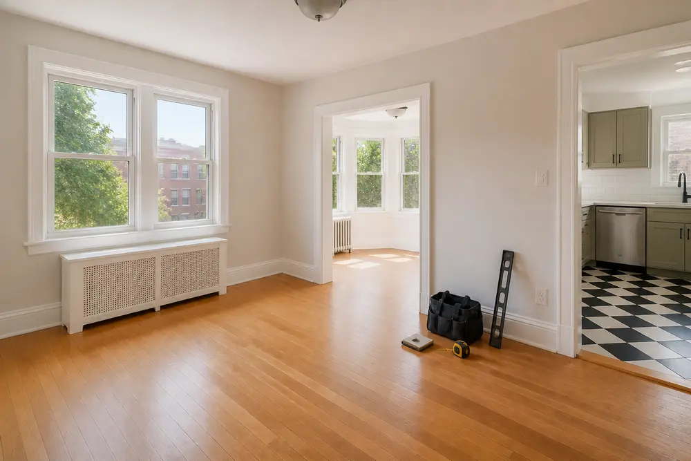 A bright apartment is ready for handoff, with durable finishes and a small orderly final-check setup.