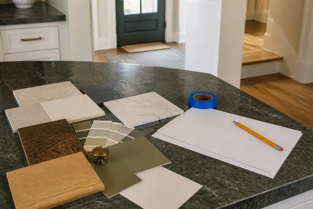 Material samples, paint colors and a notepad laid out for project planning.
