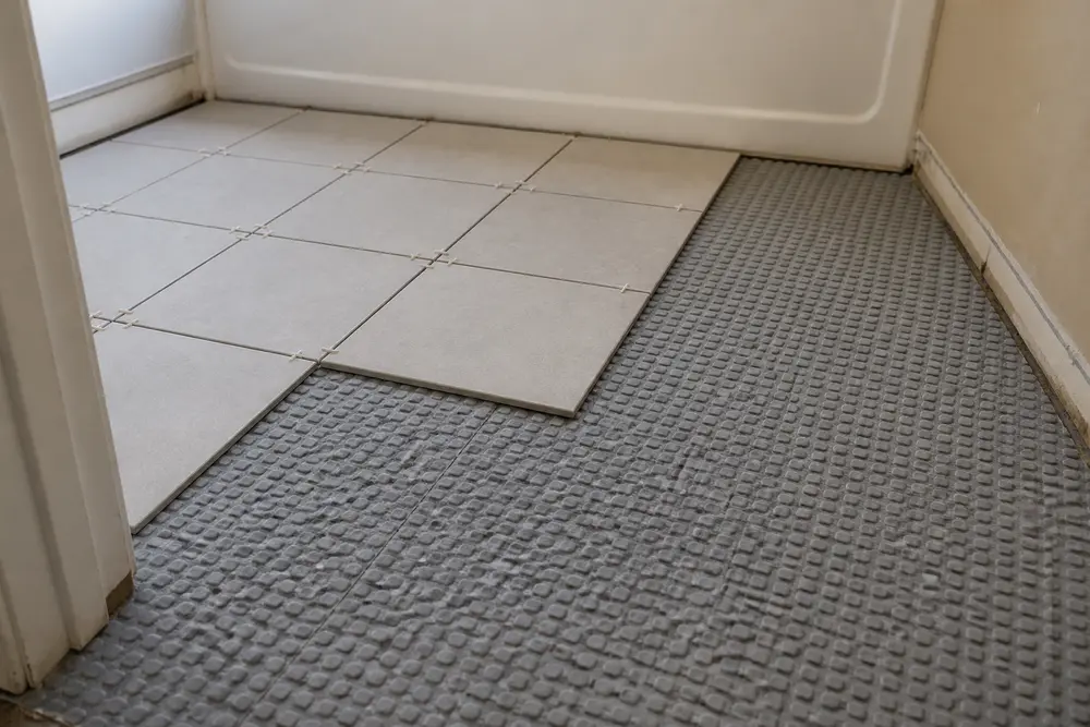 Floor tile being set over an uncoupling membrane with perimeter space maintained.