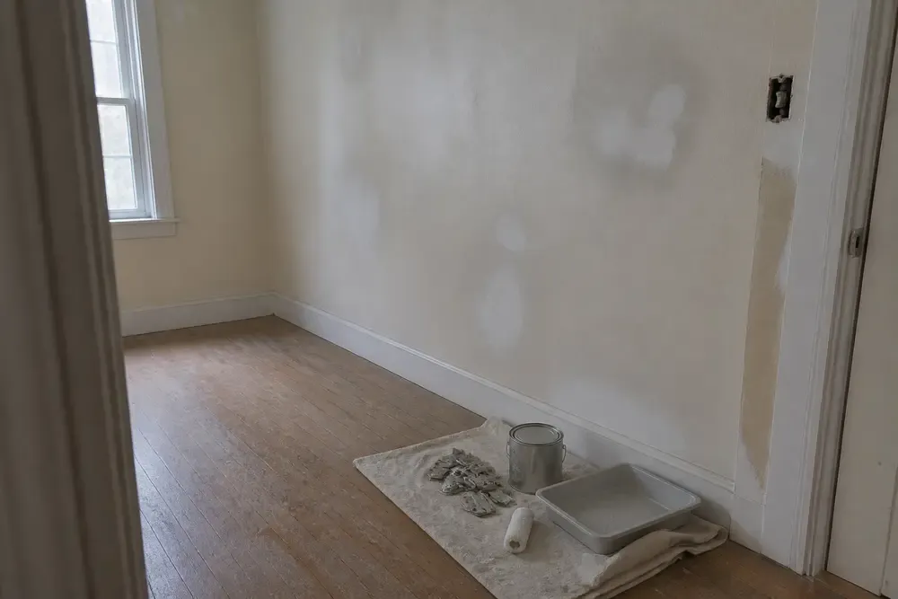 An empty room mid-turnover has protected flooring and visible preparation work before the next occupancy.