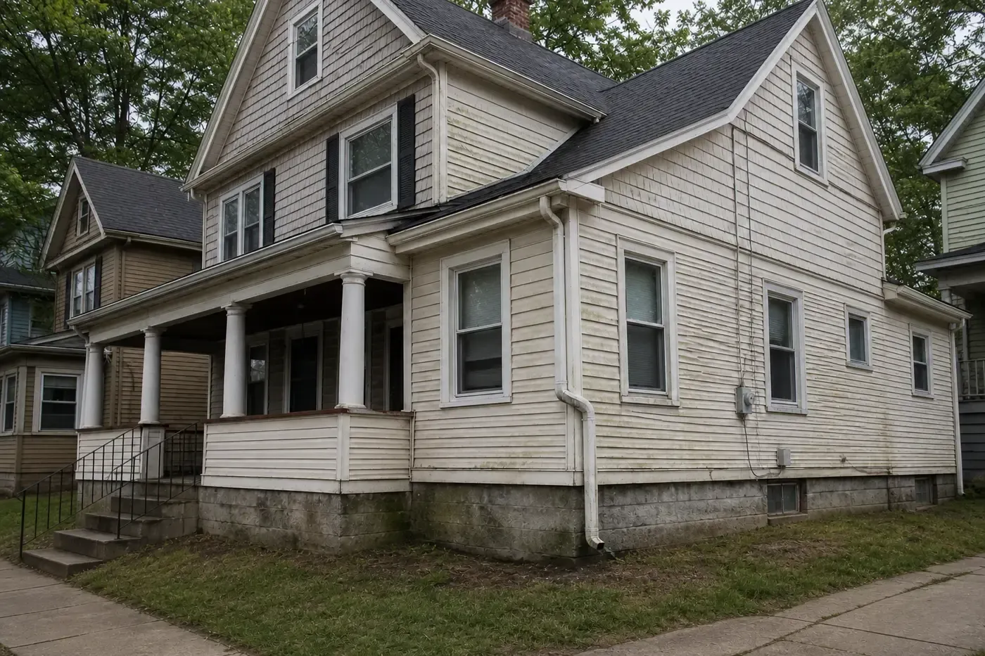 Exterior windows on an older Rochester-area home viewed together during a seasonal screen and frame condition review.