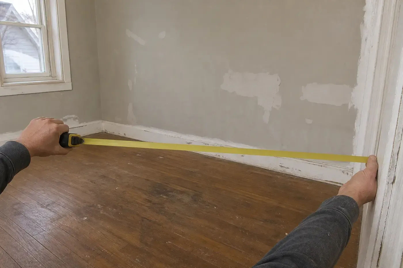 A person measures across an older room with a hardwood floor while documenting a localized floor condition.