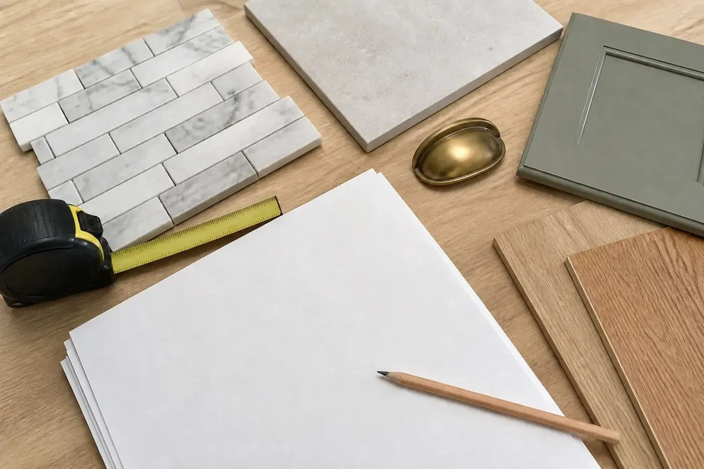 Tile samples, a cabinet finish sample, a measuring tape, a pencil, and blank planning sheets arranged on a wood surface.