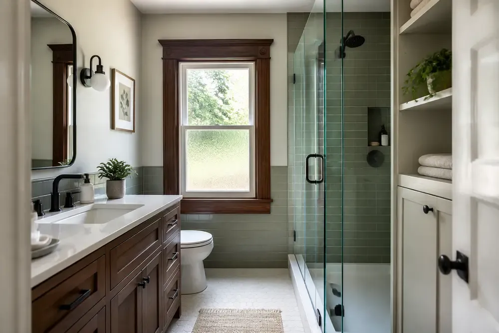 A completed bathroom shows how retained details and renewed finishes can be planned as one coherent room.