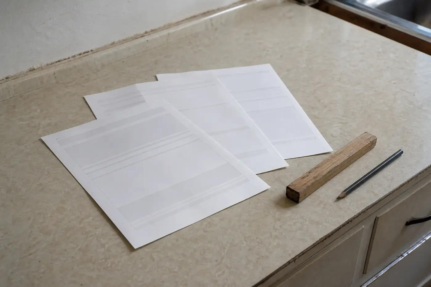 Blank scope sheets, a pencil and measuring tools rest on a counter before an estimate is prepared.