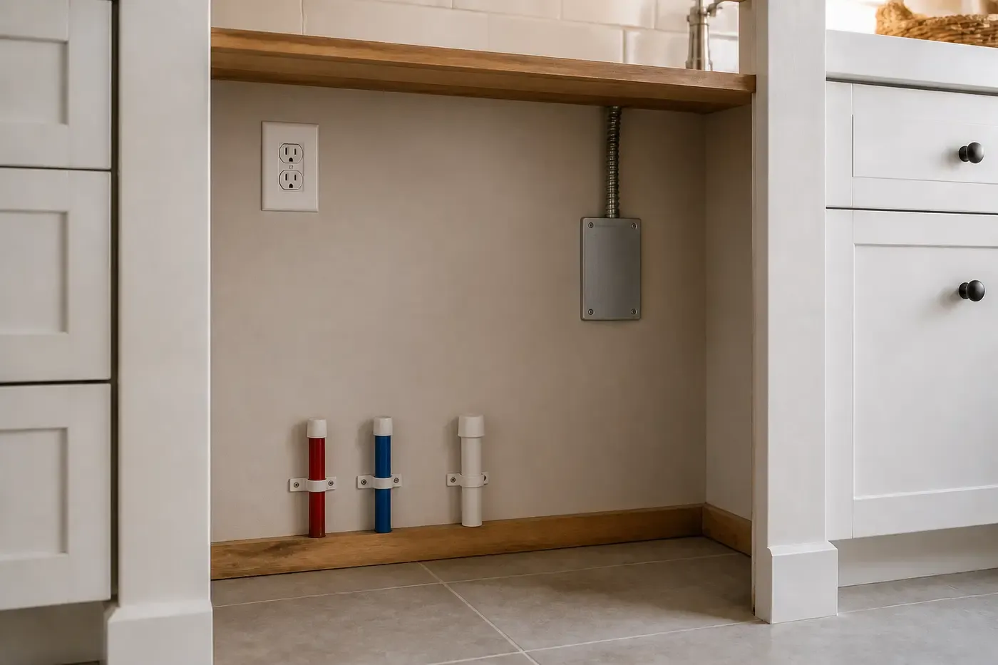 Capped plumbing and covered electrical interfaces are separated inside a coordinated service area.
