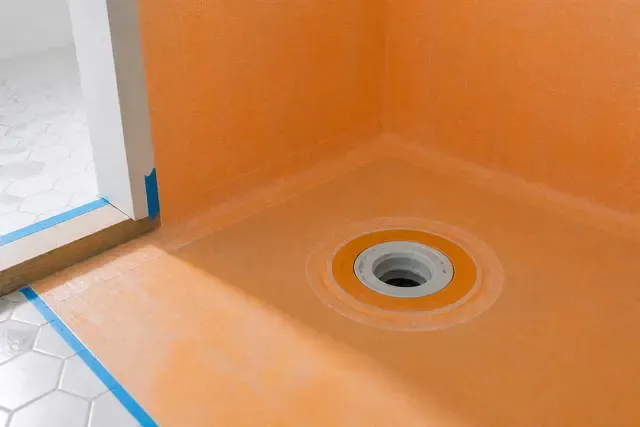 A continuous waterproofing membrane covers the wet-area floor, corners and drain connection before tile.